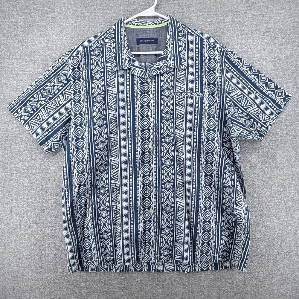 Tommy Bahama Shirt Men Size XXL Blue Hawaiian Print Short Sleeve Button Up